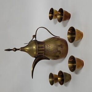 Vintage Brass "Bahrain" Etched/Engraved Pot & (6) Etched/Engraved Cups
